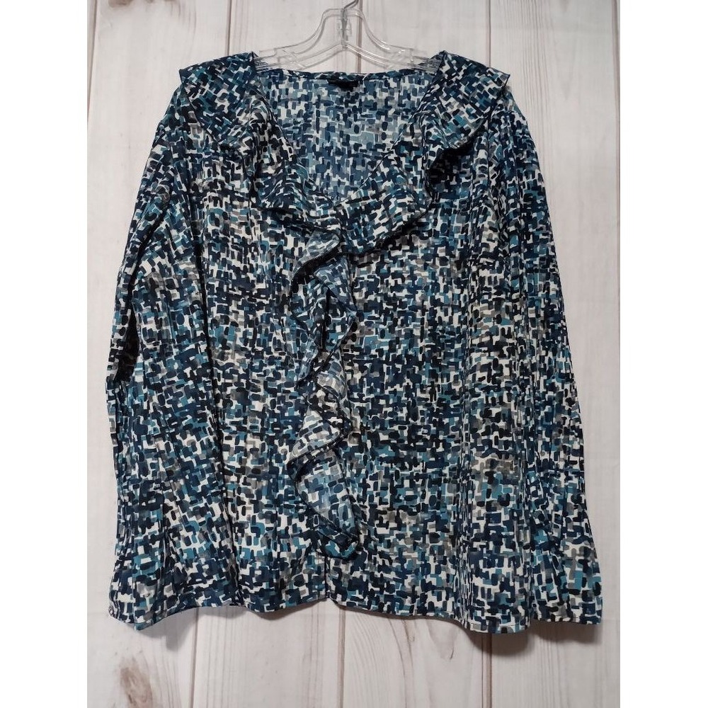 East 5th Woman 1X Blouse Blue Grey Geometric Ruffle V-Neck Long Sleeve Top